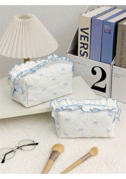 Mavi Fiyonk Desenli 2'li Makyaj Çantası, Orta ve Küçük Boy.