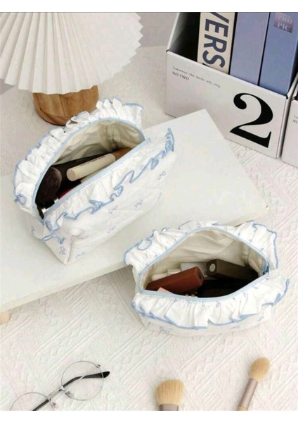 Mavi Fiyonk Desenli 2'li Makyaj Çantası, Orta ve Küçük Boy. fiyatları