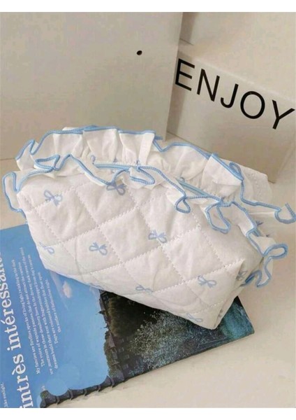 Mavi Fiyonk Desenli 2'li Makyaj Çantası, Orta ve Küçük Boy. modelleri