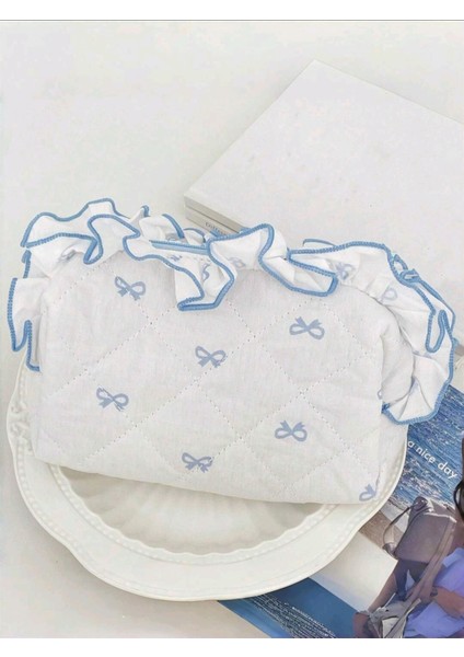 Mavi Fiyonk Desenli 2'li Makyaj Çantası, Orta ve Küçük Boy. fırsatları