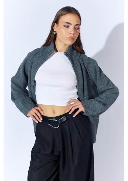 Kadın Antrasit Dik Yakalı Dışardan Dkişli Fermuarlı Hırka fiyatları