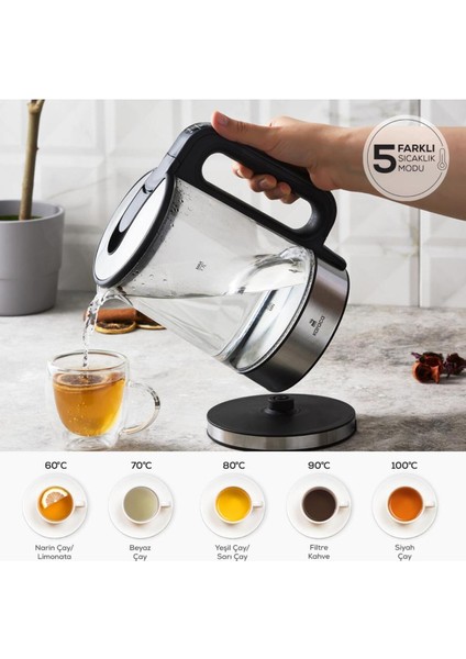Sıcaklık Ayarlı LED Işıklı Cam Su Isıtıcı 2200W Siyah modelleri