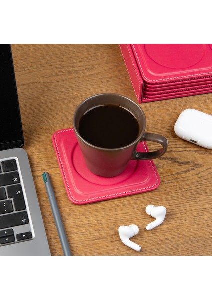 Bardak Altlığı,6’lı Set,masaüstü Yuvarlak Cup Coaster,vegan Suni DERI,11X11 Cm.,fuşya