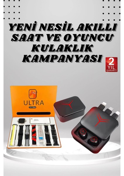 Dijital Göstergeli Powerbank Kablosuz Kulaklık ve 7 Kordonlu Yeni Nesil Akıllı Saat Dokunmatik Kontrol