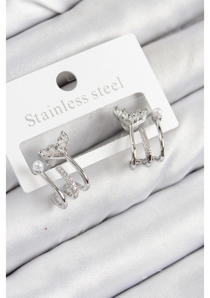 Bfs Pirinç Zirkon Taşlı Inci Detaylı Balık Kuyruğu Model Gümüş Renk Kadın Küpe