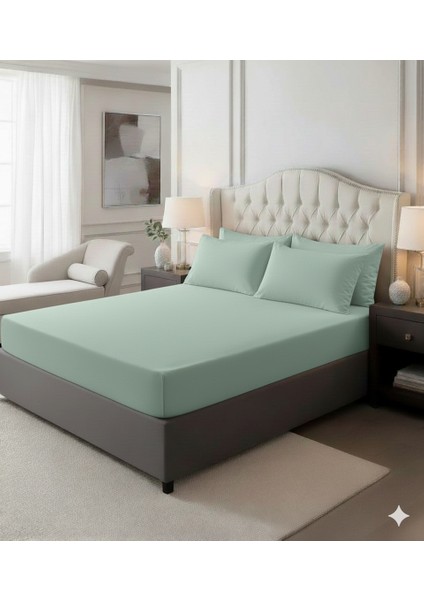 Çift Kişilik Battal Lastikli Çarşaf 2 Adet Yastık Kılıfı Seti- Yeşil (180 x 200 cm 30 cm )