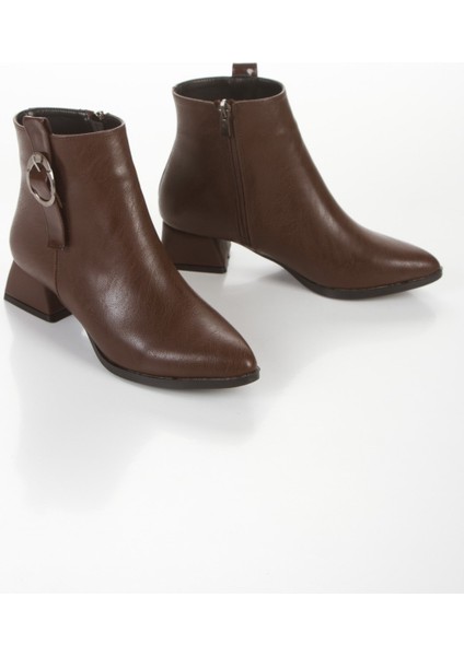 Kadın Kahverengi Kısa Yan Tokalı Kalın Topuklu Sivri Burunlu Bot Cnr modelleri