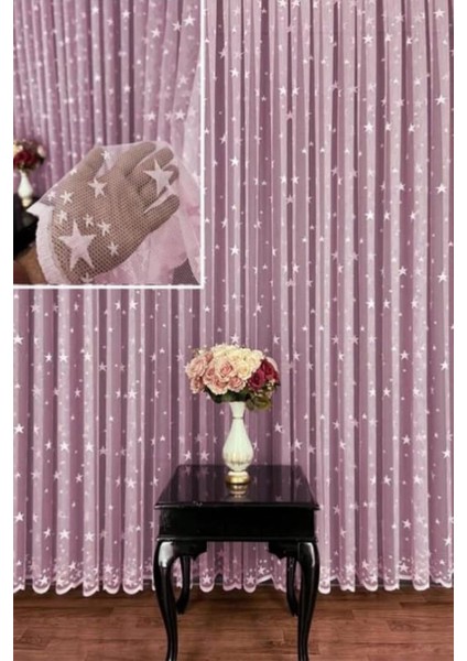 Pembe Yıldızlı Kız Çocuk Odası 1 / 3 Sık Pileli Bebek Perdesi Tül, Perde, Blackout,