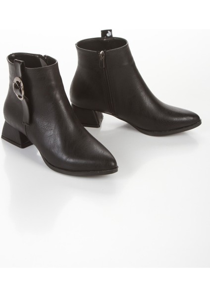 Kadın Siyah Kısa Yan Tokalı Kalın Topuklu Sivri Burunlu Bot Cnr modelleri