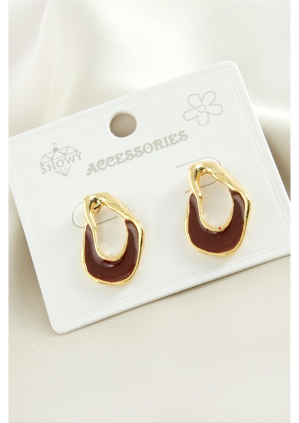 Allzey Oval Mineli Metal Küpe-Bordo