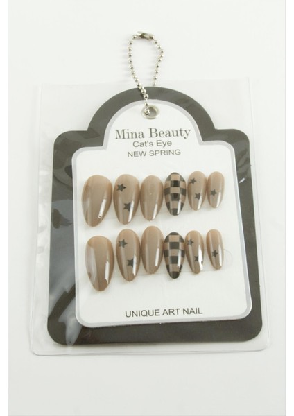 Msa-Shop Desenli Mina Beauty Kedi Gözü Takma Tırnak-Açık Kahverengi