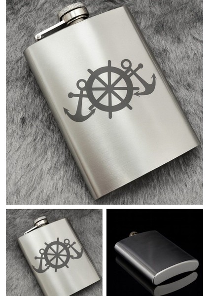 Paslanmaz Çelik Cep Matarası Denizci Çapa Temalı 9 Oz 266 ml Içecek Cep Matarası