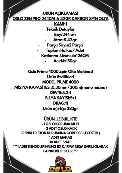 Zen Pro 244CM 6-32GR Oslo Prime 4000 Spin Olta Seti fiyatları