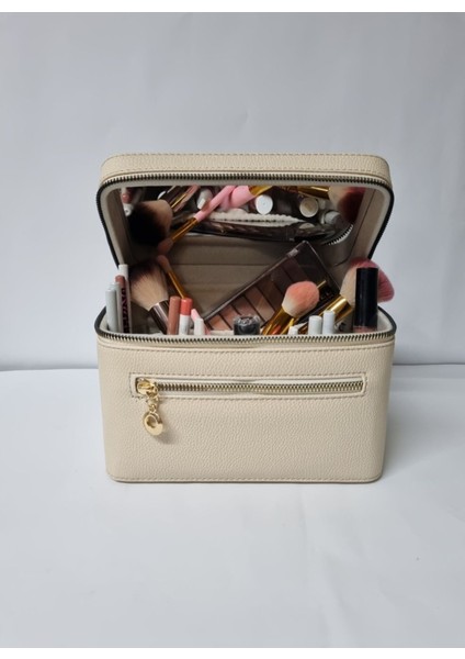 Şeffaf Seyahat Makyaj Çantası Aynalı Düzenleyici Bej