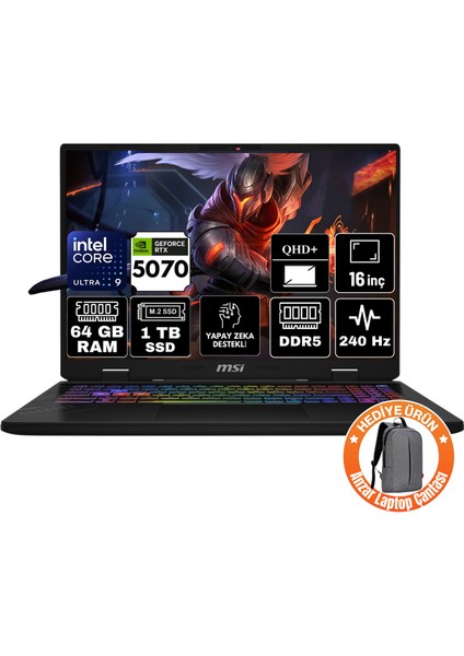 Msı Crosshaır 16 Hx Aı Intel Core Ultra 9 275HX 64GB 1tb SSD RTX5070 8gb Windows 11 Home 16" Qhd+ 240Hz Taşınabilir Bilgisayar D2XWGKG-047XTR-A45