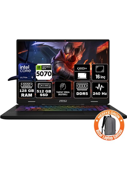 Msı Crosshaır 16 Hx Aı Intel Core Ultra 9 275HX 128GB 512GB SSD RTX5070 8gb Windows 11 Pro 16" Qhd+ 240Hz Taşınabilir Bilgisayar D2XWGKG-047XTR-A83