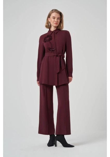 Gül Nakış Işlemeli Takım -1030 Mürdüm