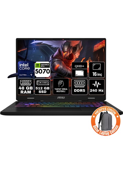 Msı Crosshaır 16 Hx Aı Intel Core Ultra 9 275HX 48GB 512GB SSD RTX5070 8gb Windows 11 Home 16" Qhd+ 240Hz Taşınabilir Bilgisayar D2XWGKG-047XTR-A39