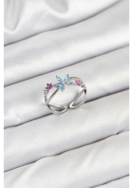 Bfs Pirinç Gümüş Renk Zirkon Taşlı Mavi Çiçekli Kadın Yüzük