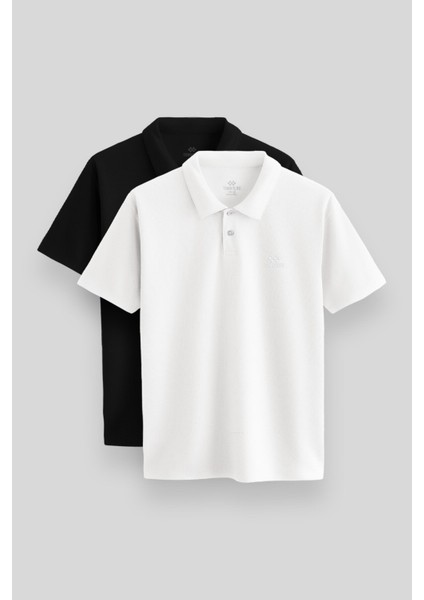 Standart Fit Basic Polo Yaka 2li Paket Siyah-Beyaz Erkek T-Shirt - 87748