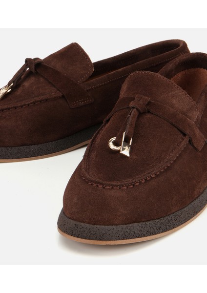 01AYH313260A480 KADIN Süet Deri Kahverengi Gold Aksesuarlı Klasik Loafer modelleri