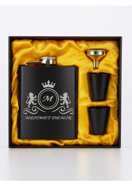 Isme Kişiye Özel Aslan Motifli Siyah Çelik Cep Matarası Matara Hediye Seti Özel Kutusunda 2 Bardaklı
