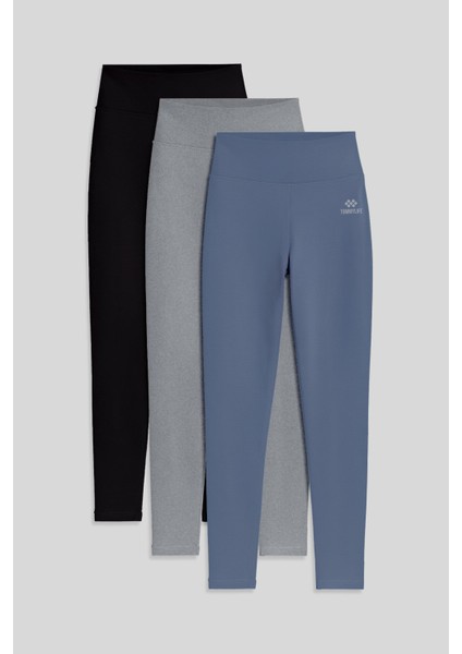 Slim Fit 3lü Paket Siyah-Gri Melanj-Petrol Kadın Tayt - 94011