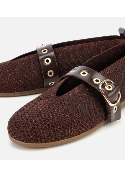 01AYH316560A480 KADIN Kahverengi Örgü Detaylı Mary Jane Kemerli Babet modelleri