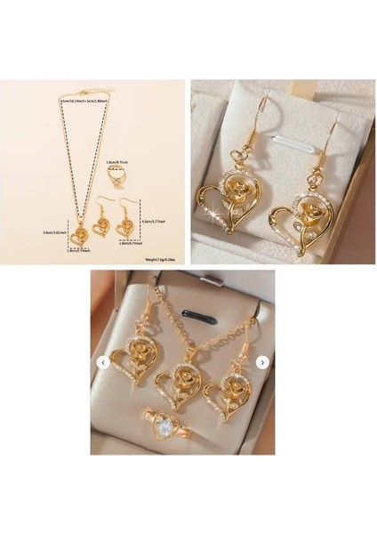 Set Günlük Giyim & Iş Yeri Gül ve Kalp Zincirli Kolye & Yüzük & Küpe Seti modelleri