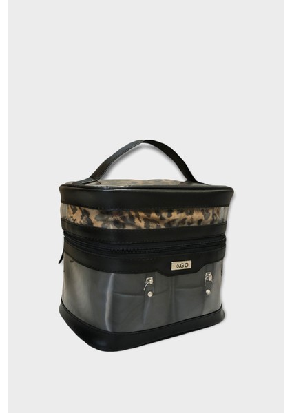 Şık Siyah Leopar 4'lü Seyahat ve Makyaj Çantası Seti