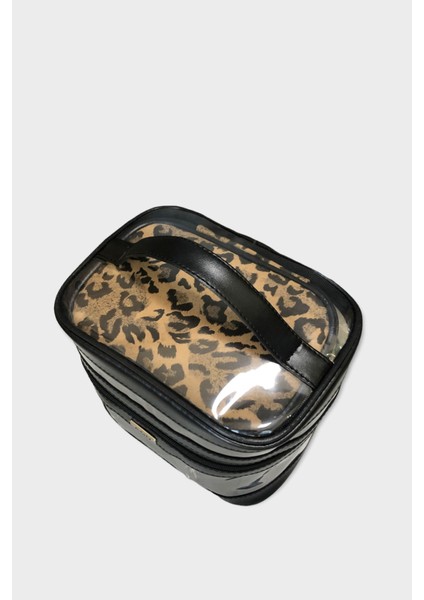 Şık Siyah Leopar 4'lü Seyahat ve Makyaj Çantası Seti modelleri