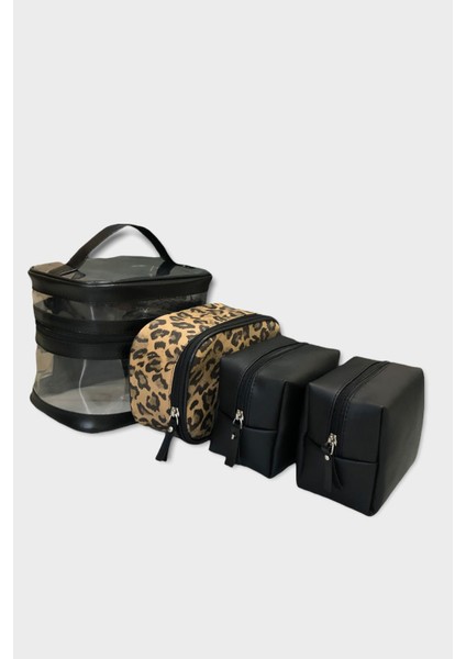 Şık Siyah Leopar 4'lü Seyahat ve Makyaj Çantası Seti fırsatları