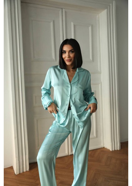 Kadın Su Yeşili Saten Uzun Pijama Takımı fiyatları