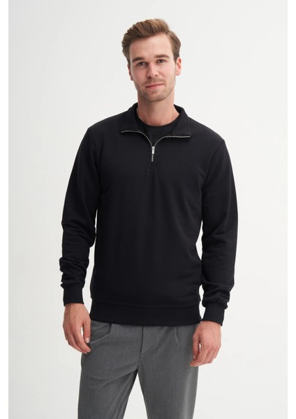 Erkek Siyah Regular Fit Dik Yaka Mevsimlik 3 Iplik Sweatshirt