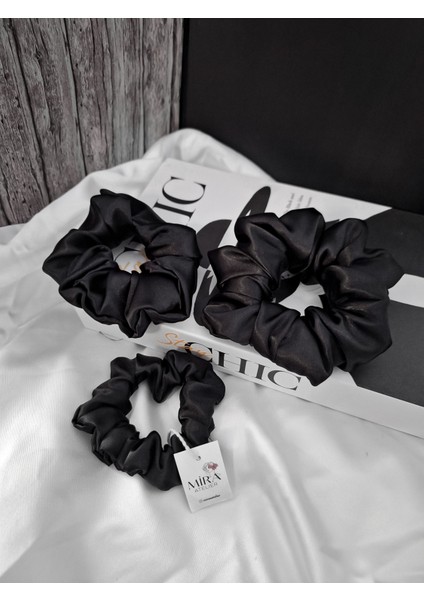 3'lü Lüks Kadın Saten Toka - Sonsuz Siyah - Lastik Model Scrunchie