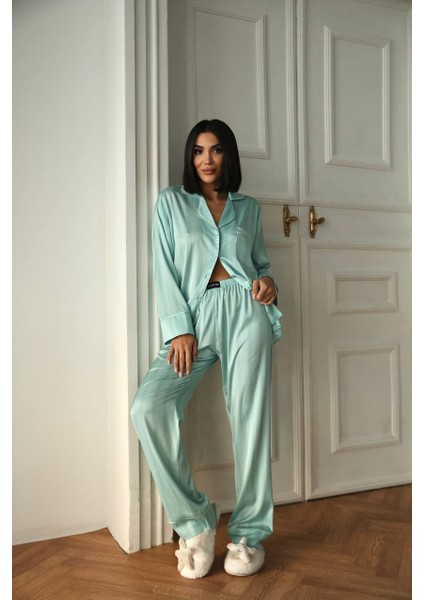 Kadın Su Yeşili Saten Uzun Pijama Takımı