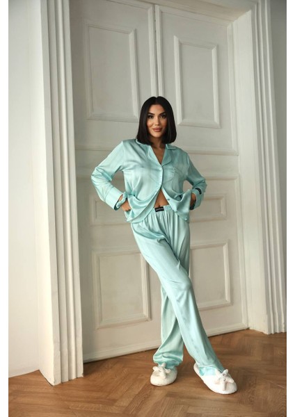 Kadın Su Yeşili Saten Uzun Pijama Takımı indirimleri