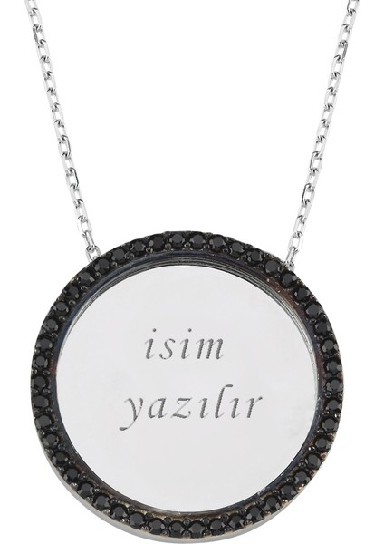 Gümüş Siyah Taşlı Plaka Isim Kolye