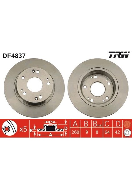 Arka Fren Diski Dolu Tip Honda Cıvıc 1.6l R16A2 Vtec Sedan Fd6 Fb7 Kasa 06-15 / 1.8l R18A Vtec H Atchback Fk2 Kasa 06-> / 1.4l L13Z1 Sport Fk1 Kasa 09-> 260 Çap x 5 Bijon - Takım Disk Fiyatıd