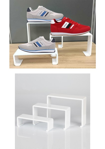 6 Parça Pleksi Beyaz Kademeli Ayakkabı Rafı & Ayakkabı Teşhir Standı & Organizer Raf modelleri