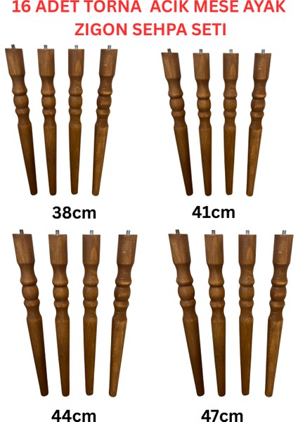 Hamadex 38–41–44–47 cm Açık Meşe Torna Ayak Ahşap Mobilya Zigon Sehpa Ayağı 4’lü Set | 16 Adet Ayak + 16 Bağlantı Aparatı