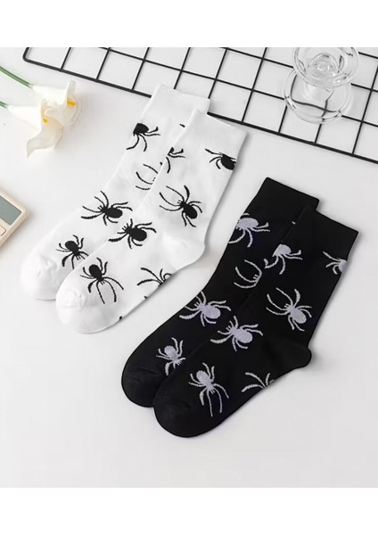 Unisex 4 Çift Halloween Örümcek ve Yarasa Desenli Cadılar Bayramı Temalı Soket Çorap