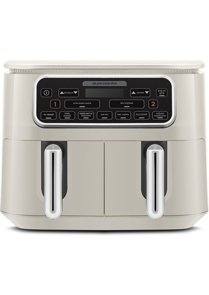 Geniş ve Şık Ev Tipi 4+4l Airfryer, 8 Kişilik, Bej Renkli, Pratik Kullanım