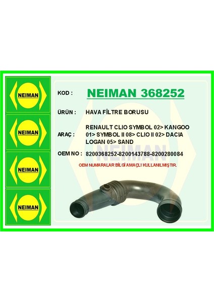 Hava Filtre Borusu Renault Clıo Symbol 02> Kangoo 01> Symbol Iı 08> Clıo Iı 02> Dacıa Logan 05> Sand
