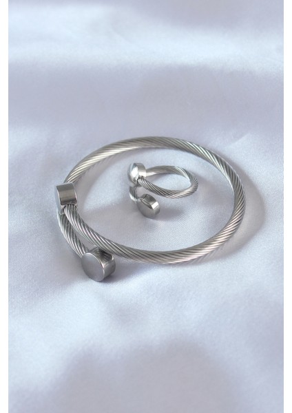 Çelik Gümüş Sıkı Burgu Model Erkek Bileklik Yüzük Seti