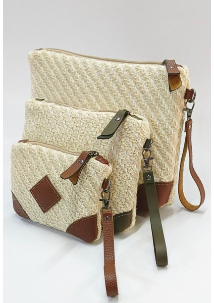 Doğal Hasır Desenli 3'lü El ve Makyaj Çantası Seti, Deri Detaylı, Bileklik Askılı