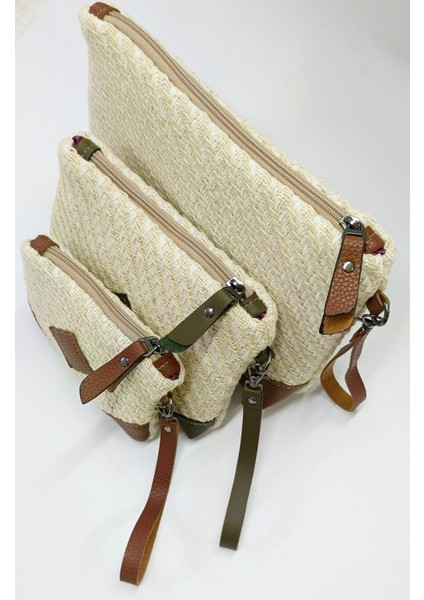 Doğal Hasır Desenli 3'lü El ve Makyaj Çantası Seti, Deri Detaylı, Bileklik Askılı fiyatları