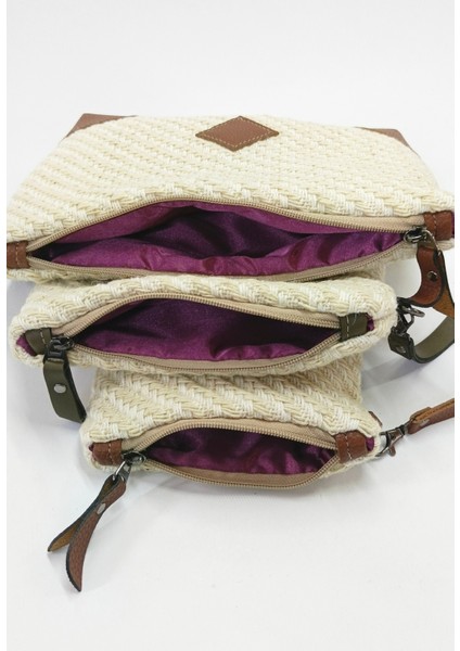 Doğal Hasır Desenli 3'lü El ve Makyaj Çantası Seti, Deri Detaylı, Bileklik Askılı modelleri