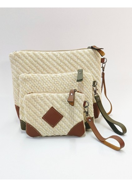 Doğal Hasır Desenli 3'lü El ve Makyaj Çantası Seti, Deri Detaylı, Bileklik Askılı fırsatları