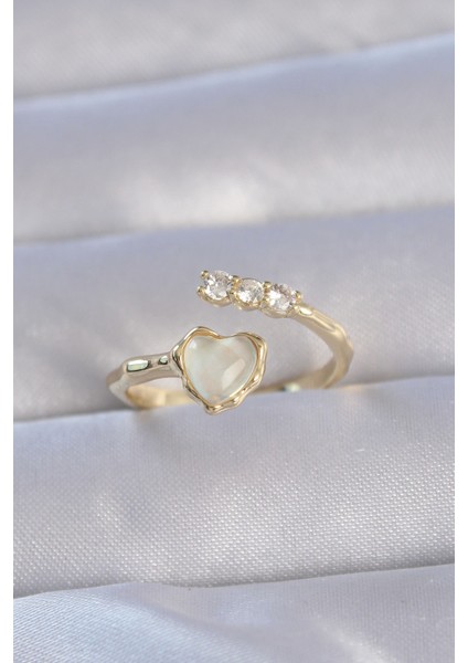 Pirinç Gold Renk Zirkon Taşlı Sedefli Kalp Model Ayarlanabilir Yüzük - Lisinya